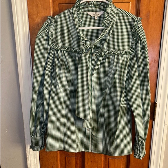 Laroque Tops - LaRoque Original Green Gingham Blouse with Neck Tie
